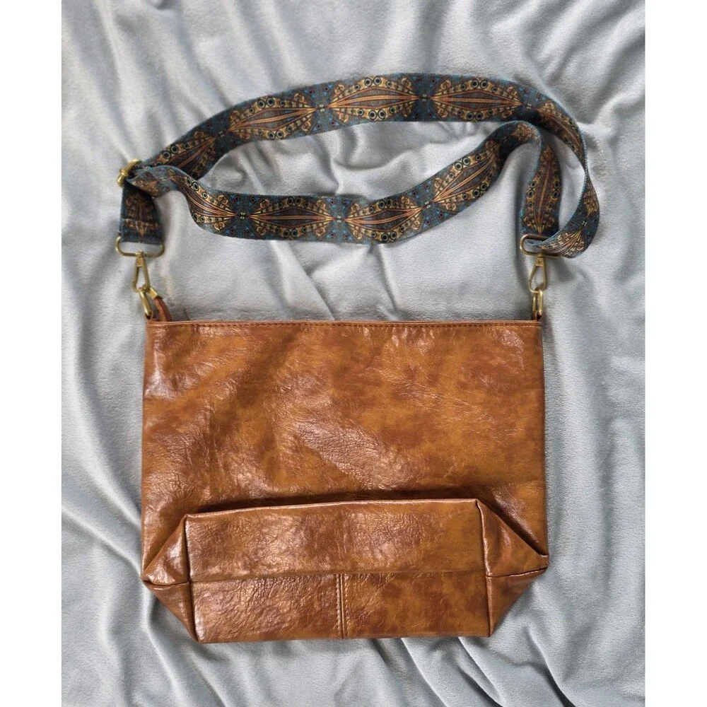 Cognac Brown Crossbody Bag Boho Patterned Guitar Strap Foldover Faux Leather